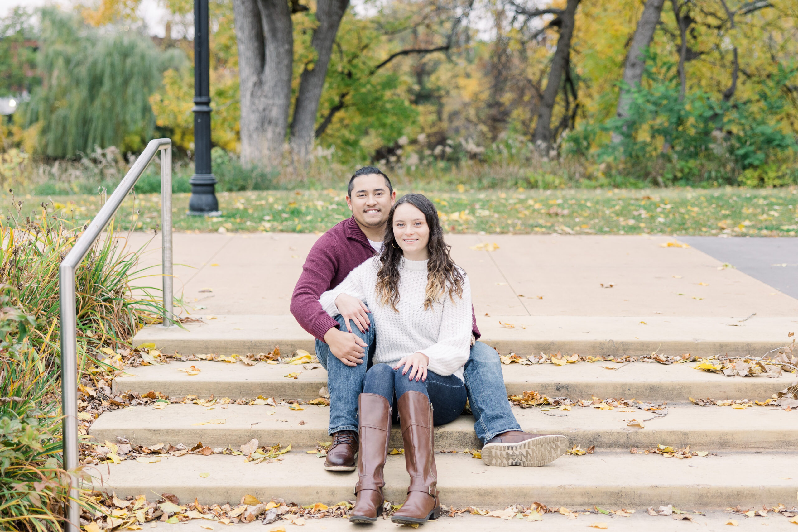 Downtown Anoka Fall Engagement Session near the riverside in October