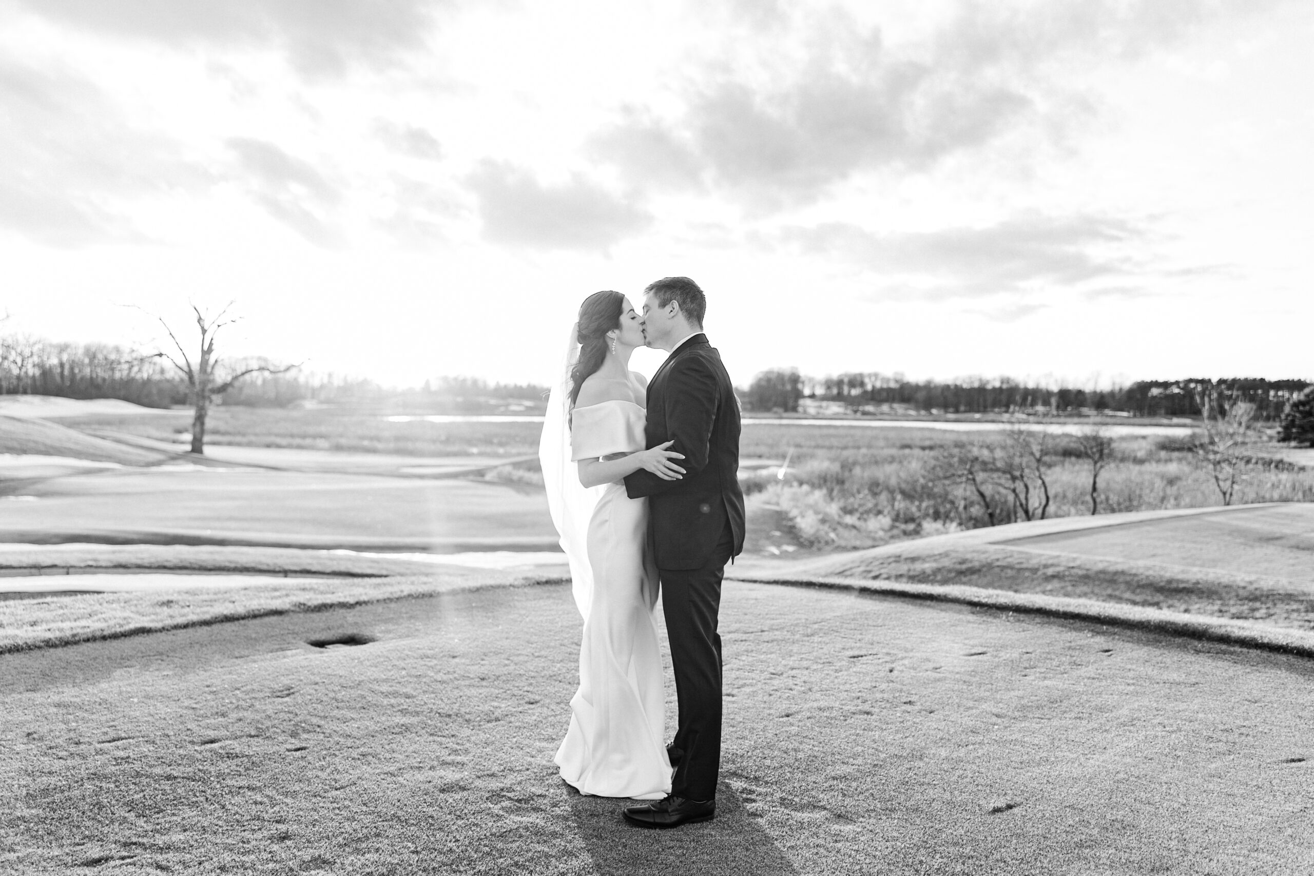 Bride and Groom during golden hour at Rush Creek Golf Club in Maple Grove, Minnesota during Winter