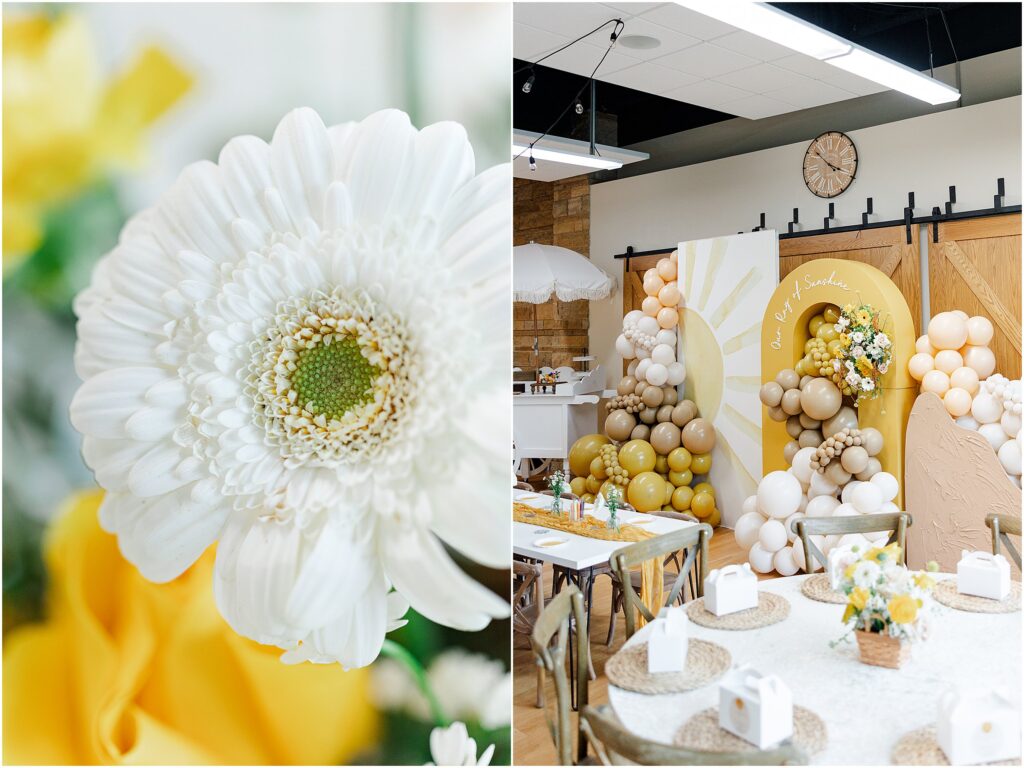 Sunny baby shower setup at Eagan Community Center with soft yellow tones, natural wood chairs, and floral arrangements in baskets.