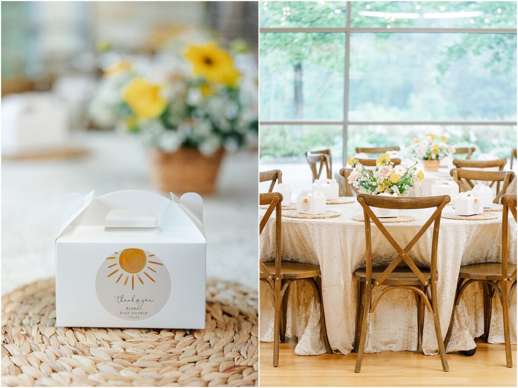 Sunny baby shower setup at Eagan Community Center with soft yellow tones, natural wood chairs, and floral arrangements in baskets.