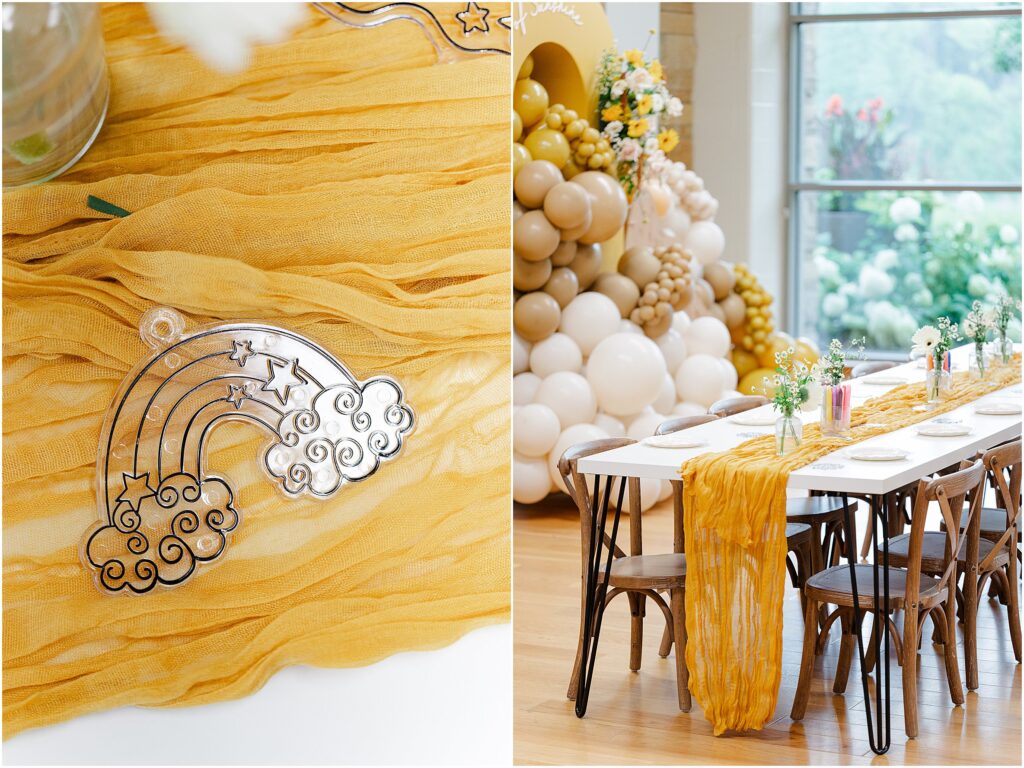 Sunny baby shower setup at Eagan Community Center with soft yellow tones, natural wood chairs, and floral arrangements in baskets.