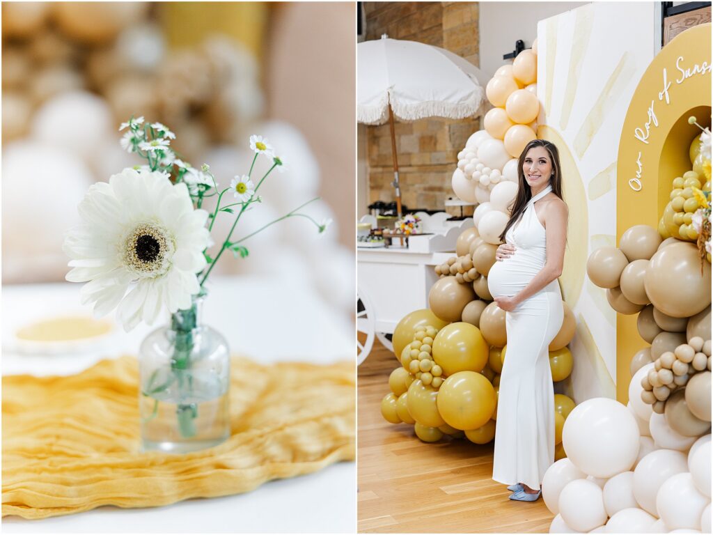 Sunny baby shower setup at Eagan Community Center with soft yellow tones, natural wood chairs, and floral arrangements in baskets.