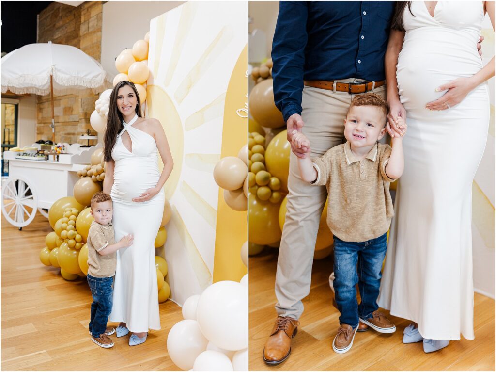 Sunny baby shower setup at Eagan Community Center with soft yellow tones, natural wood chairs, and floral arrangements in baskets.